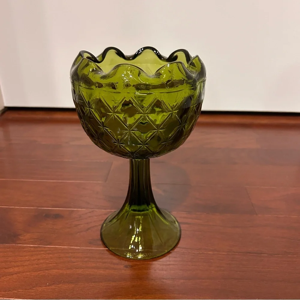 VTG Indiana Glass Avocado Green Pedestal 9